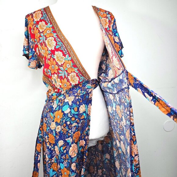 NWT PrettyGarden Blue Red Floral Wrap Boho Gypsy Maxi Dress - Picture 5 of 13